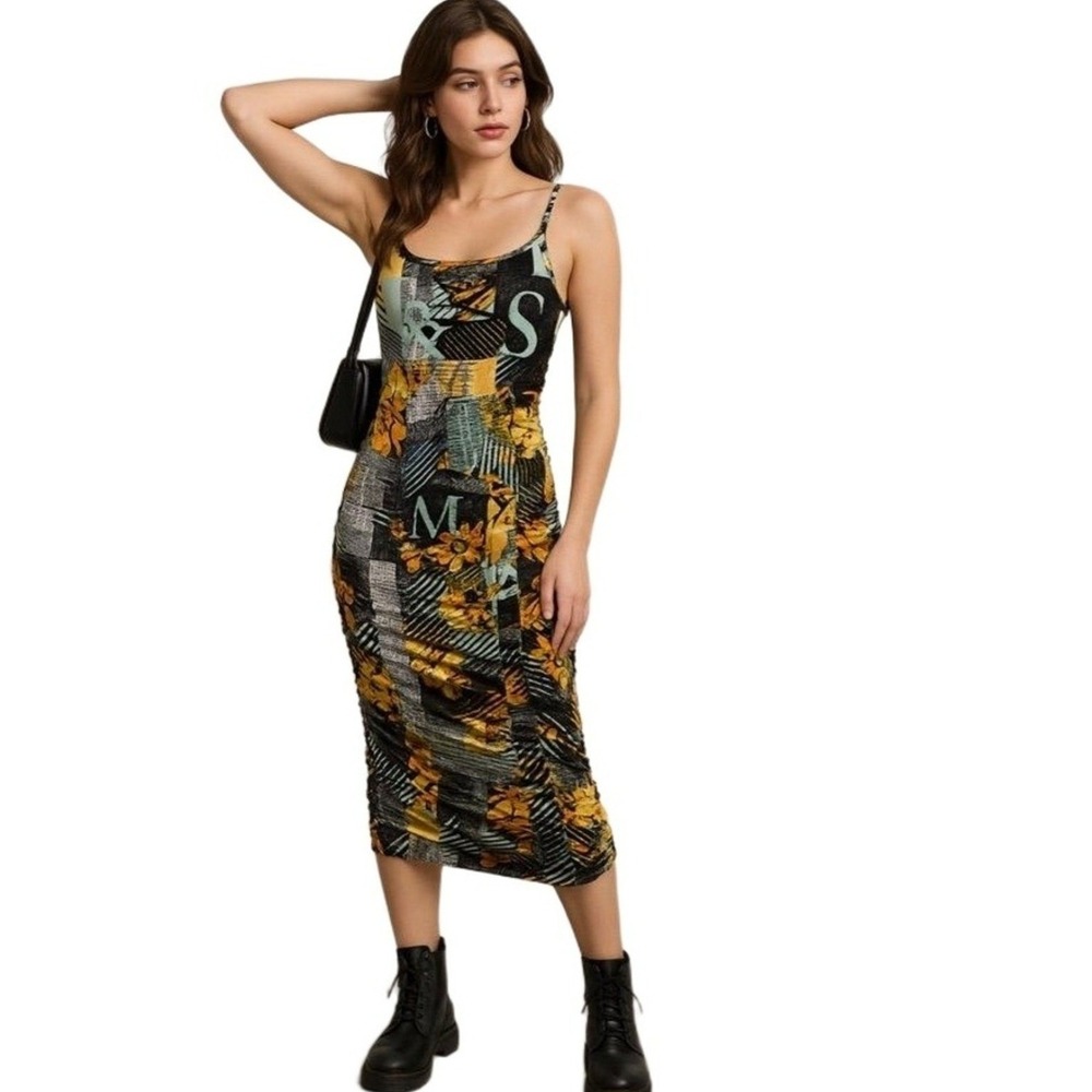 Jolie & Joy Dress Womans XL Bodycon Abstract Floral Ruched Midi Dress Newsprint
